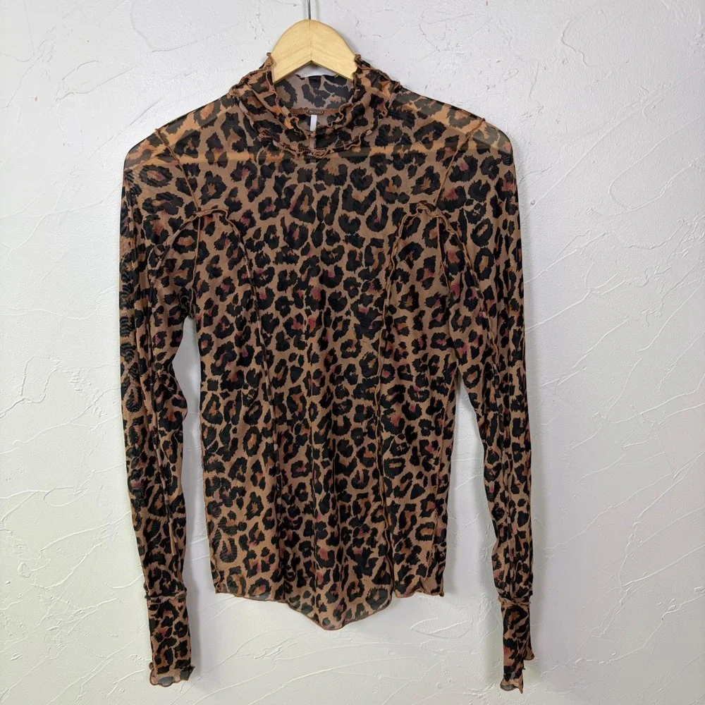 Free People Leopard Mesh Top Women L Sheer Mock Neck Ruffle Animal Print Indie
